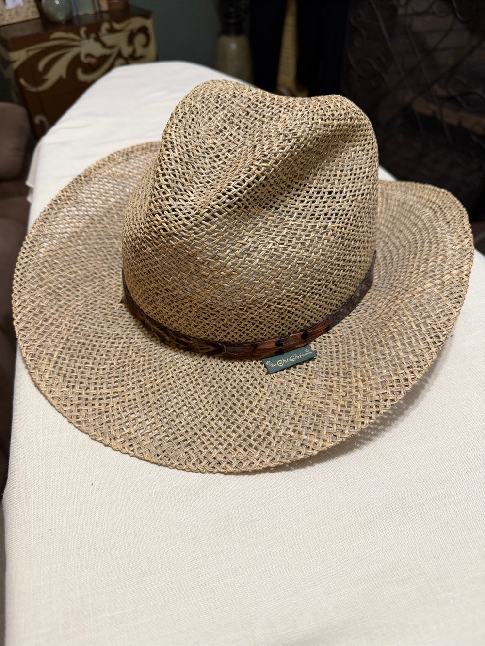 ChiChi Natural Straw Fedora Western Hat with Brown Ostrich Accent Band
